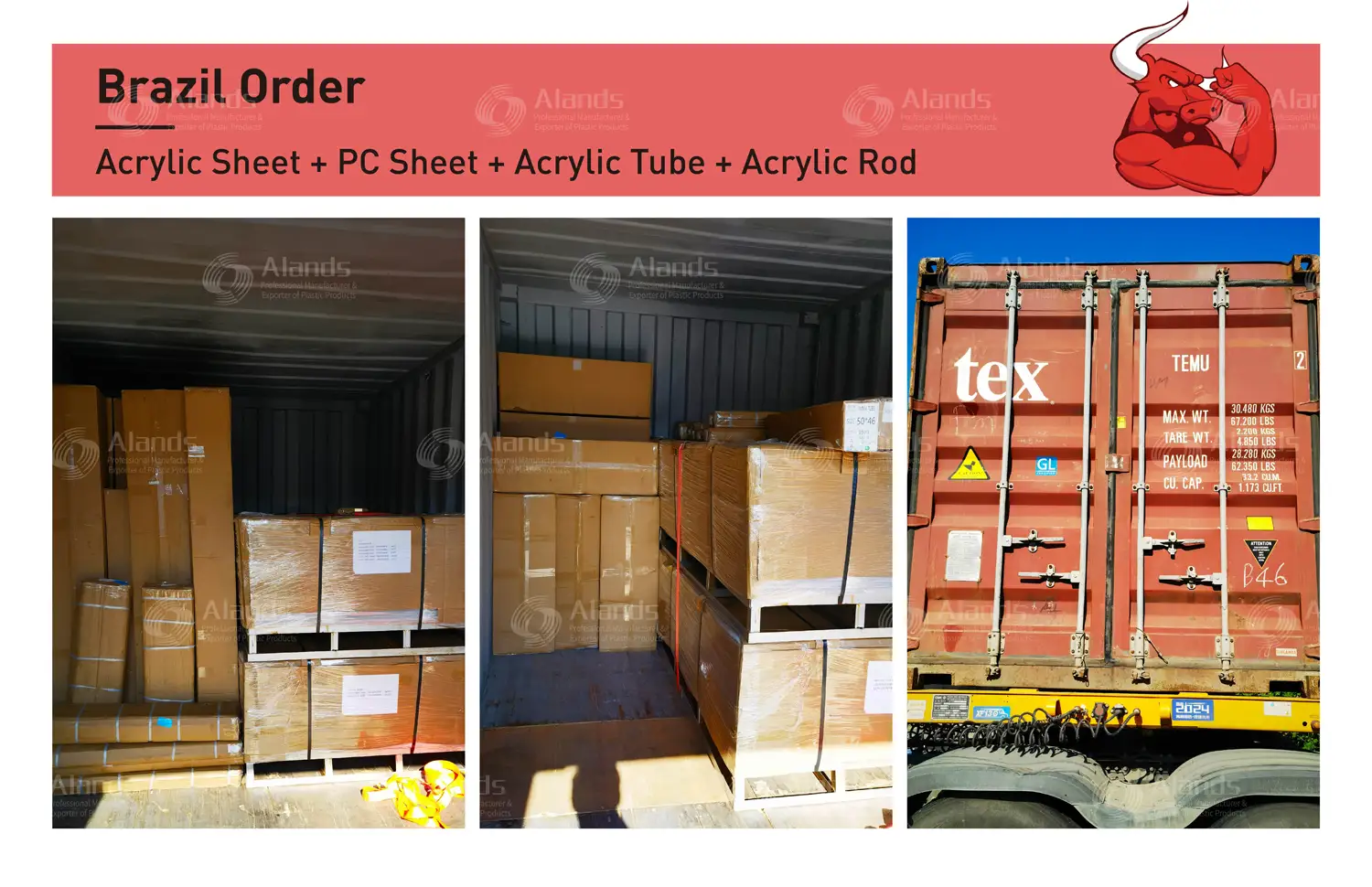 Brazil Order Shipment of Acrylic Sheet, PC Sheet, Tubes & Rods