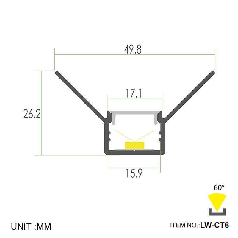 CT6 Inbouw binnenhoek 49,8x26,2 mm