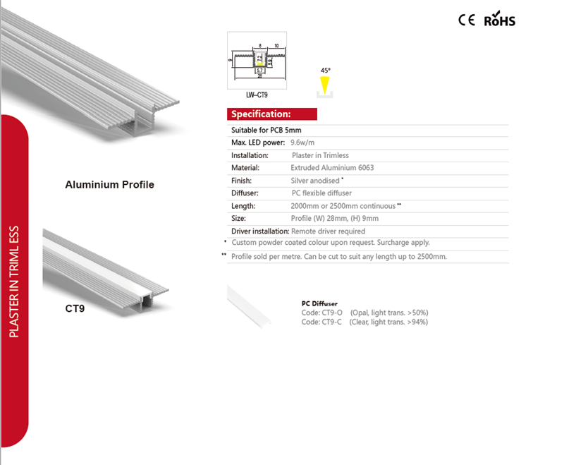 Rebate aluminium profile and diffuser with "Spot Free" cover