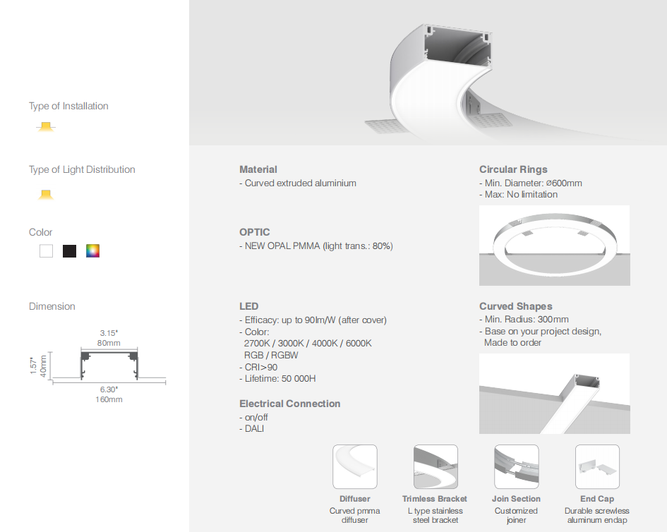 recessed curved bendable profile