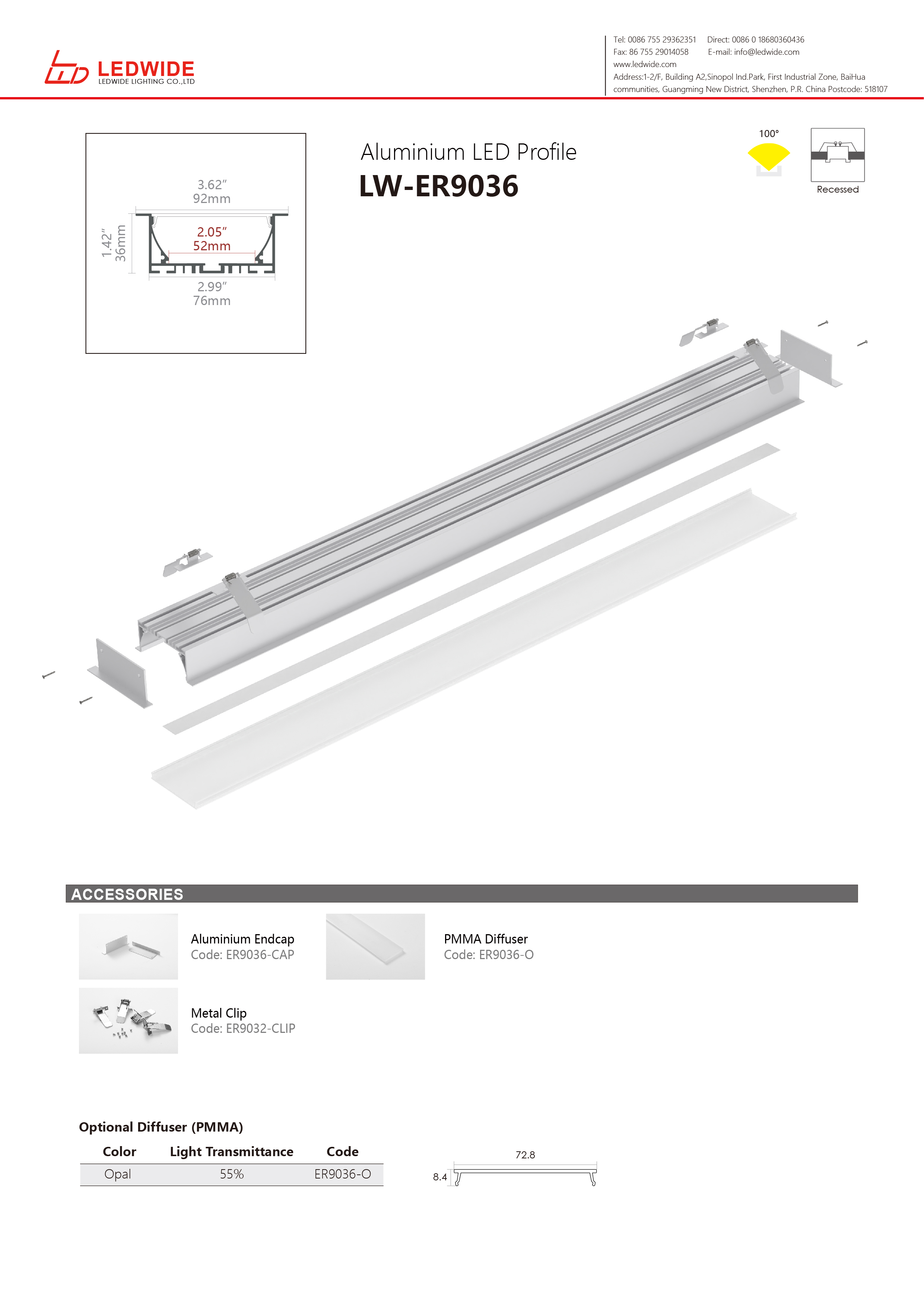 Wide recessed led extrusion profile