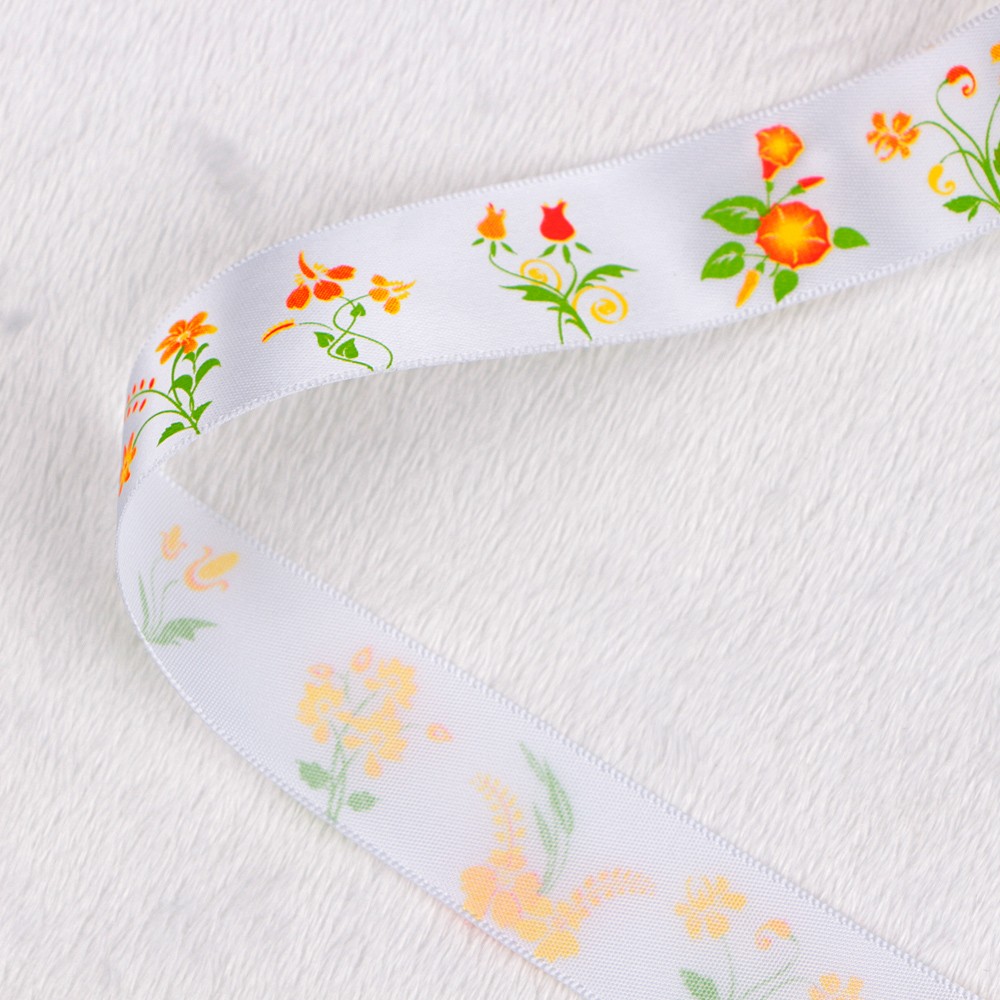 Floral printed satin ribbon in stock