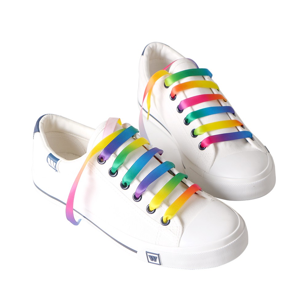Pre made rainbow satin ribbon shoelaces flat silk shoelaces