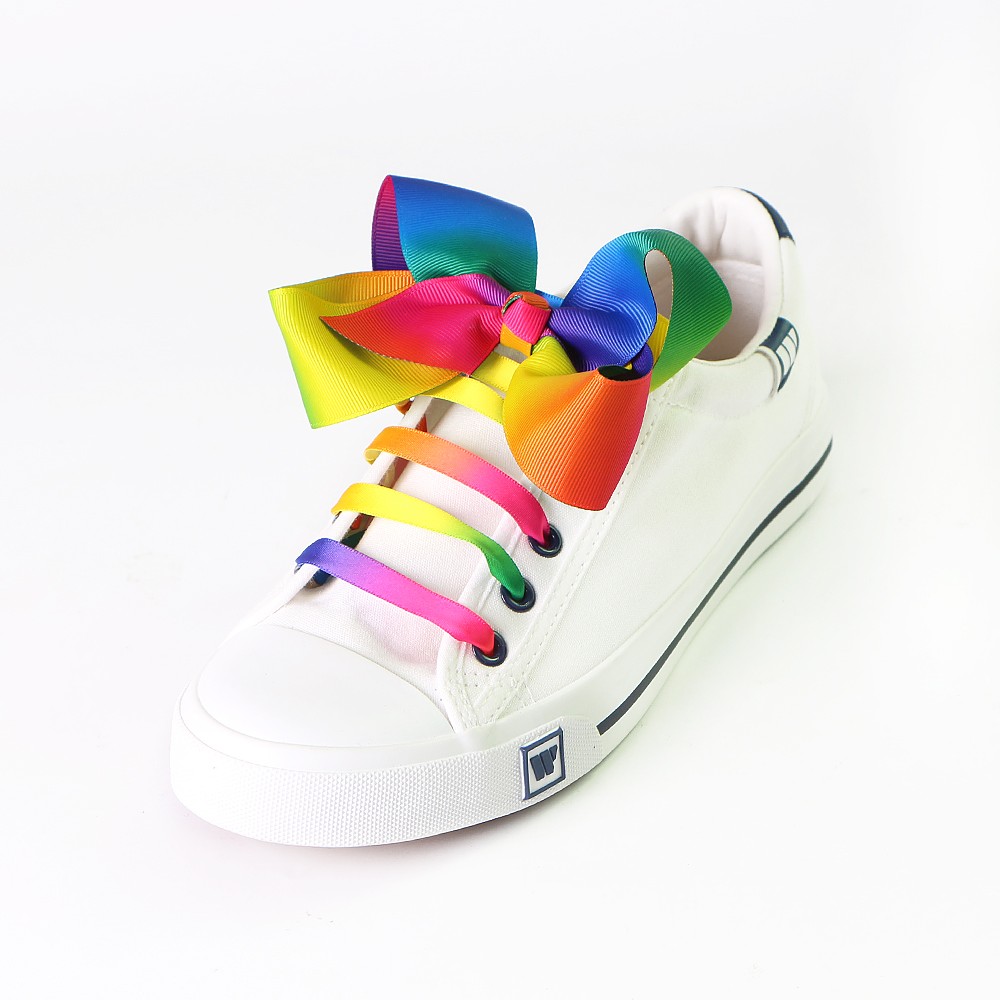 Pre made rainbow satin ribbon shoelaces flat silk shoelaces