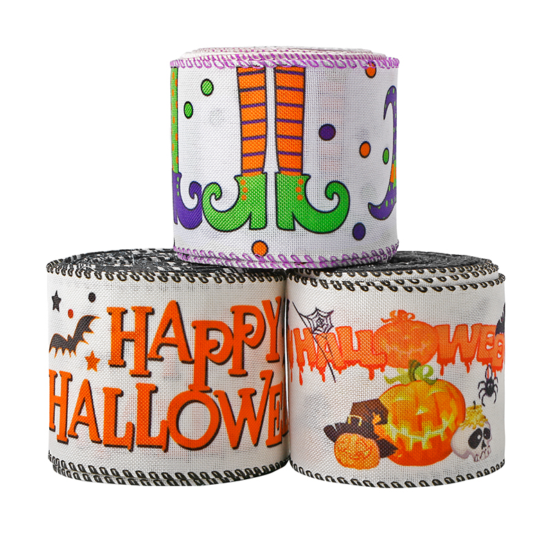 Halloween wired edge ribbon burlap ribbon lined edge for holiday decoration