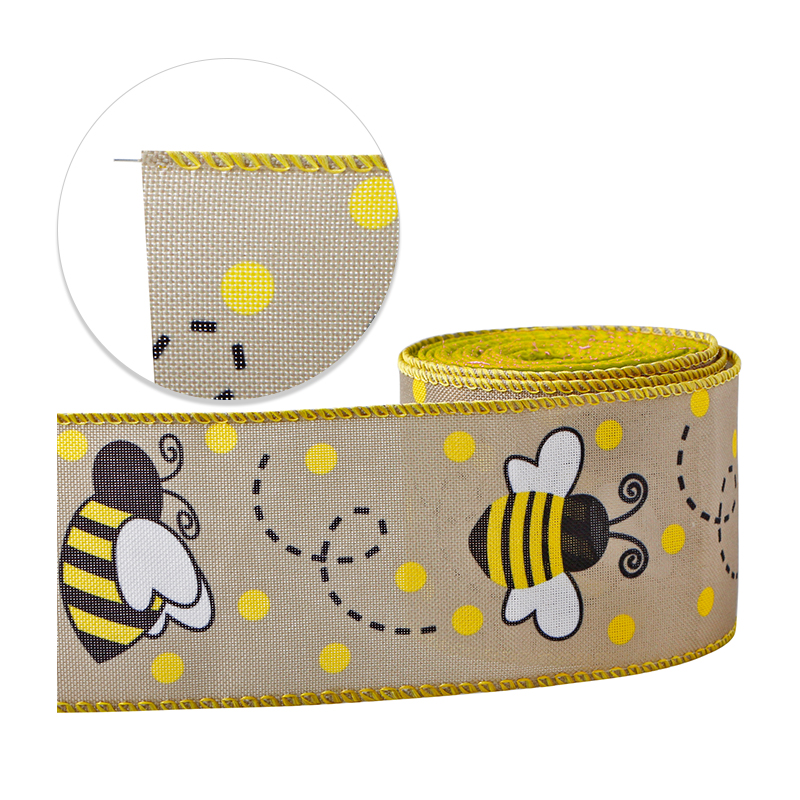 Bee Ribbon Wired Polka Dot Edge Ribbon Bee Vertical Stripe Craft Ribbon Decorative Ribbon for Wrapping, Easter Party Decoration, Hair Bows, Craft and Sewing 