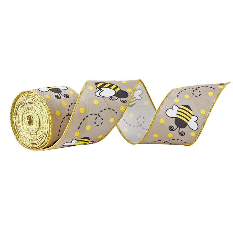 Bee Ribbon Wired Polka Dot Edge Ribbon Bee Vertical Stripe Craft Ribbon Decorative Ribbon for Wrapping, Easter Party Decoration, Hair Bows, Craft and Sewing 