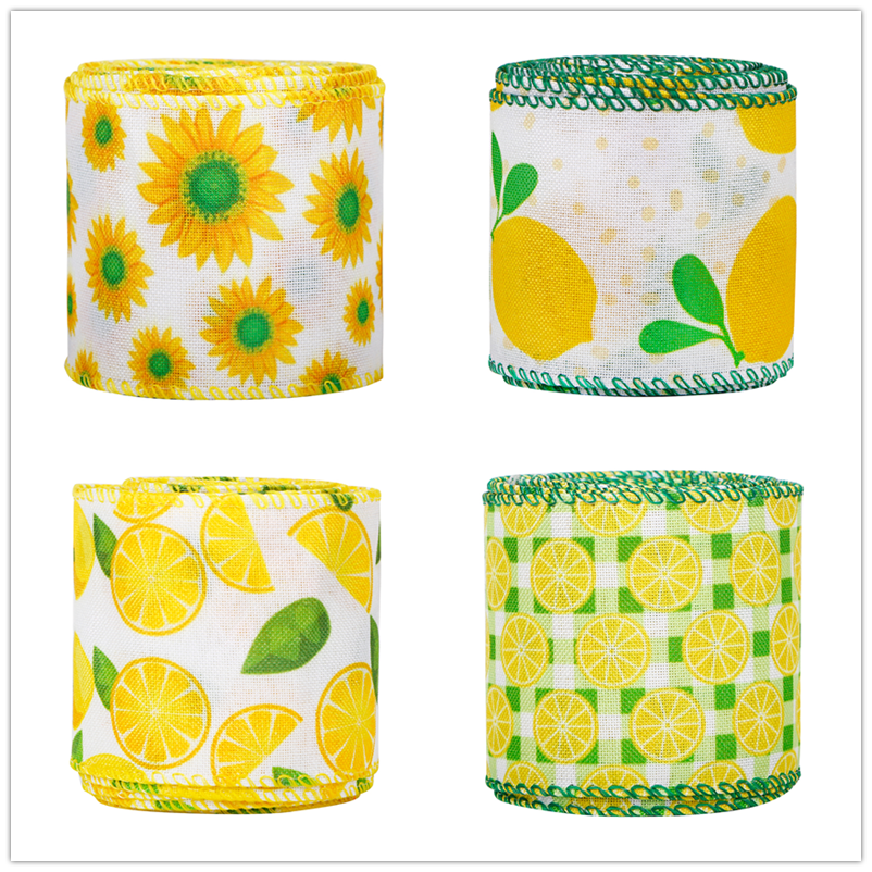 레몬 테마 유선 가장자리 리본 2.5 인치 레몬 격자 무늬 공예 리본 봄 여름 화환에 대한 포장 리본