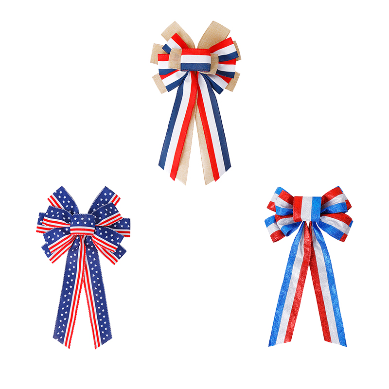 独立記念日の装飾のためのカスタマイズされた愛国的な黄麻布のリボンの弓卸売リボンの弓