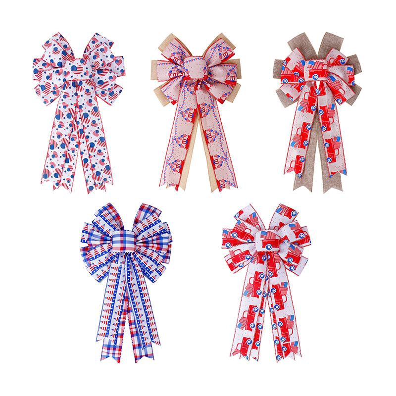 Factory customized large size burlap ribbon bows wholesale Independence day ribbon bows