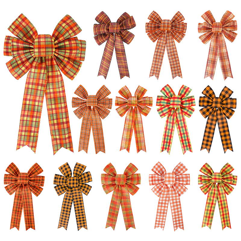 Lazo de cinta de arpillera grande al por mayor, lazos de cinta a cuadros naranja personalizados para la decoración del Día de Acción de Gracias