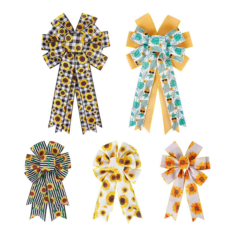 工場でカスタマイズされた印刷されたヒマワリのリボンの弓は、春夏の装飾のための黄麻布の弓を卸売りします