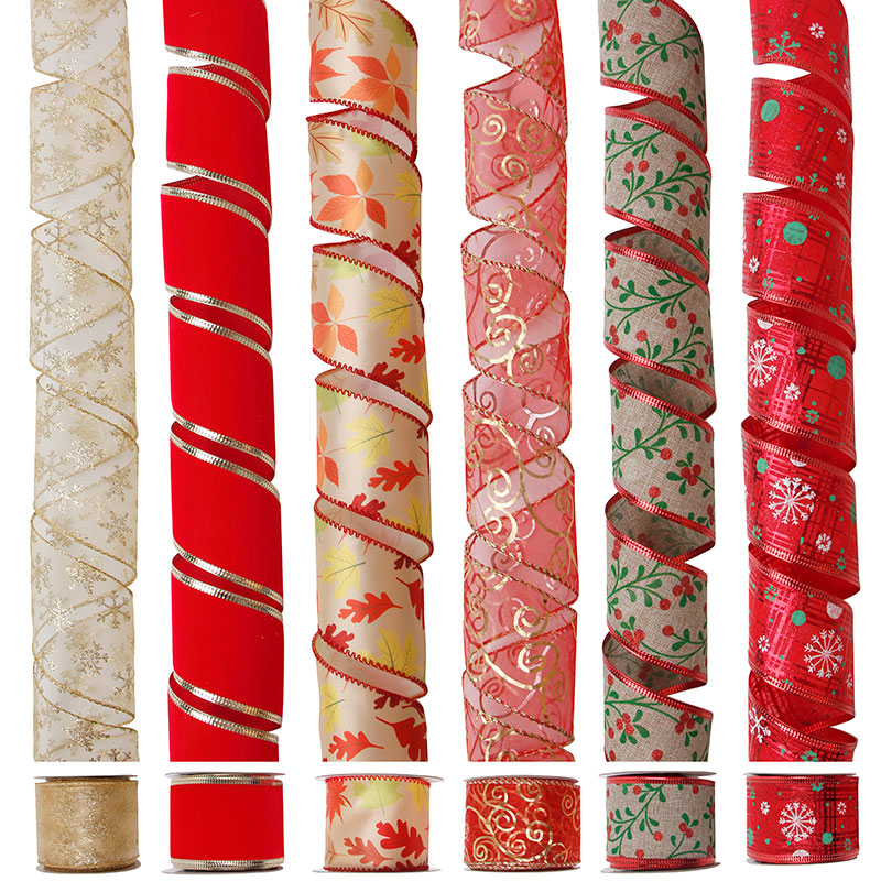 Atacado fitas de Natal com fio de borda fitas de tecido de organza de serapilheira personalizadas para decoração