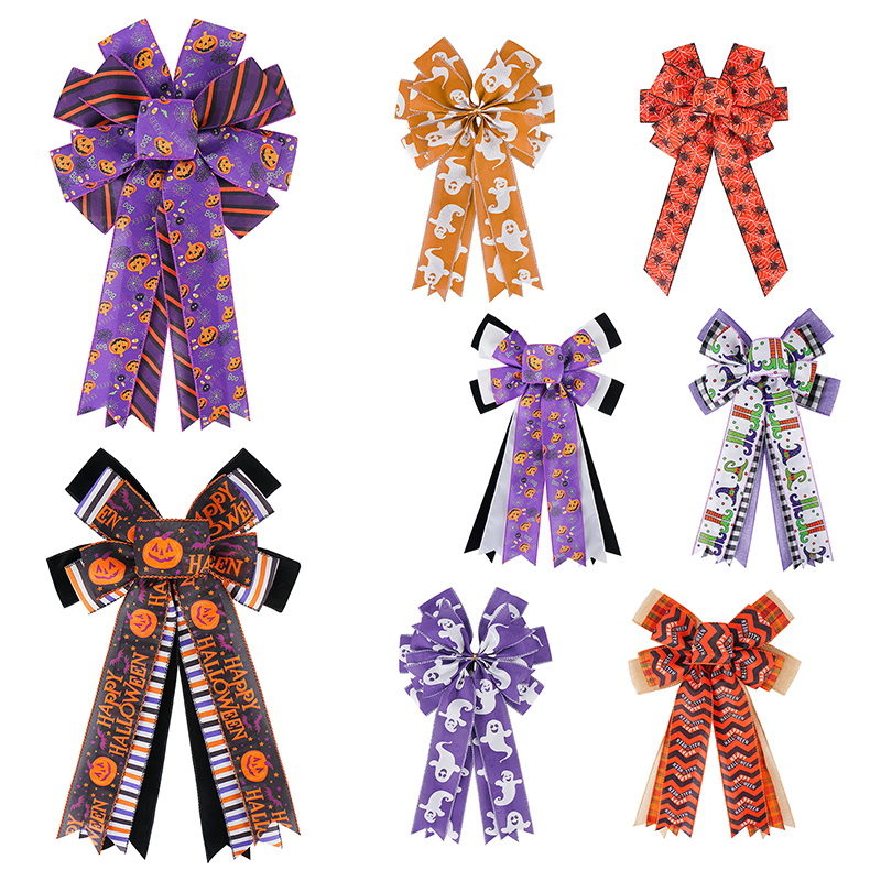 Halloween-Kranz-Schleife, schwarz mit orangefarbenem Büffelkaro Halloween-Kranz-Schleife, rustikale Bowknot-Ornamente