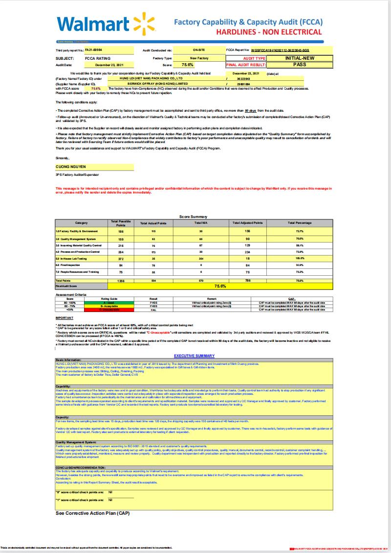 Rapporto di audit Walmart FCCA del 2022 per la fabbrica in Vietnam