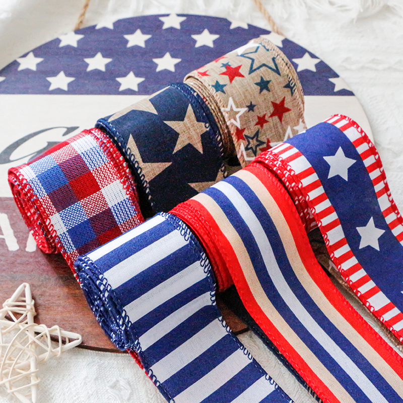 Patriotic Wire Edge Ribbon 2.2 Inch Independence Day Burlap Ribbon Stars Stripes Ribbon American Flag Ribbon Supplier