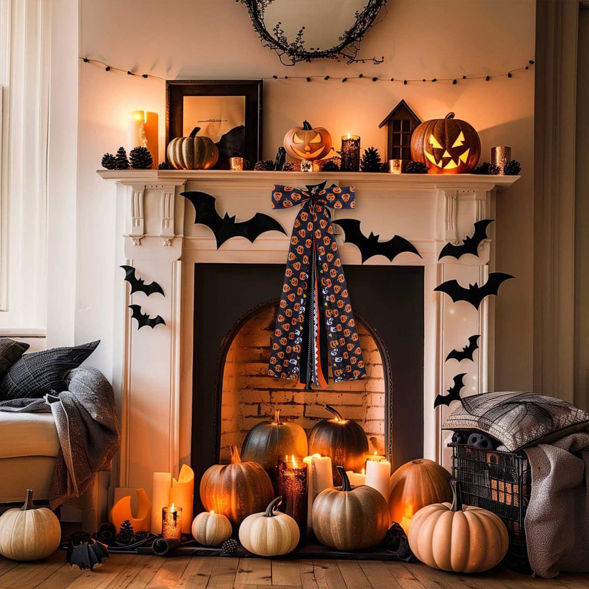 Halloween Spider Print Hemp Wired Ribbon Bow Decor