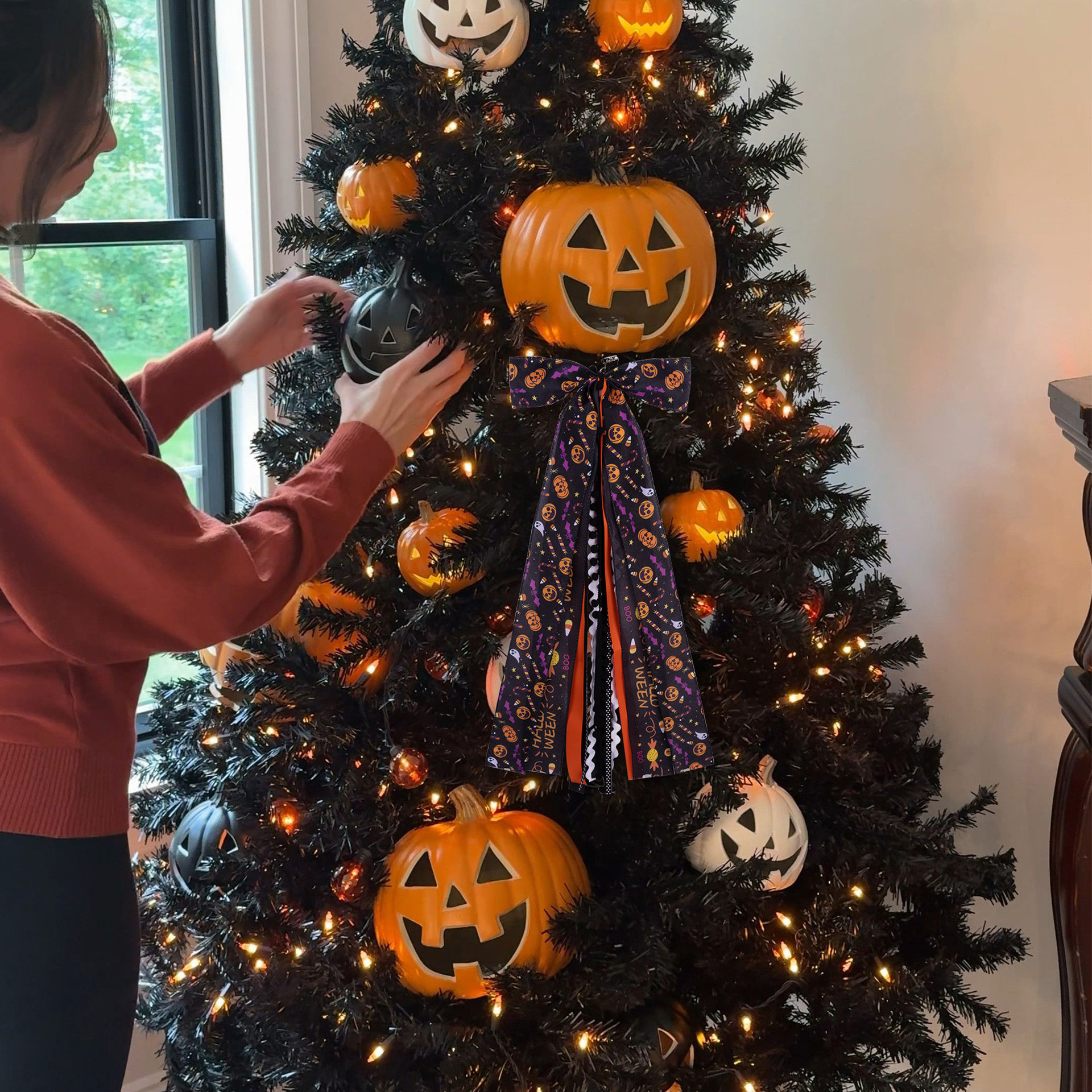 Halloween Spider Print Hemp Wired Ribbon Bow Decor