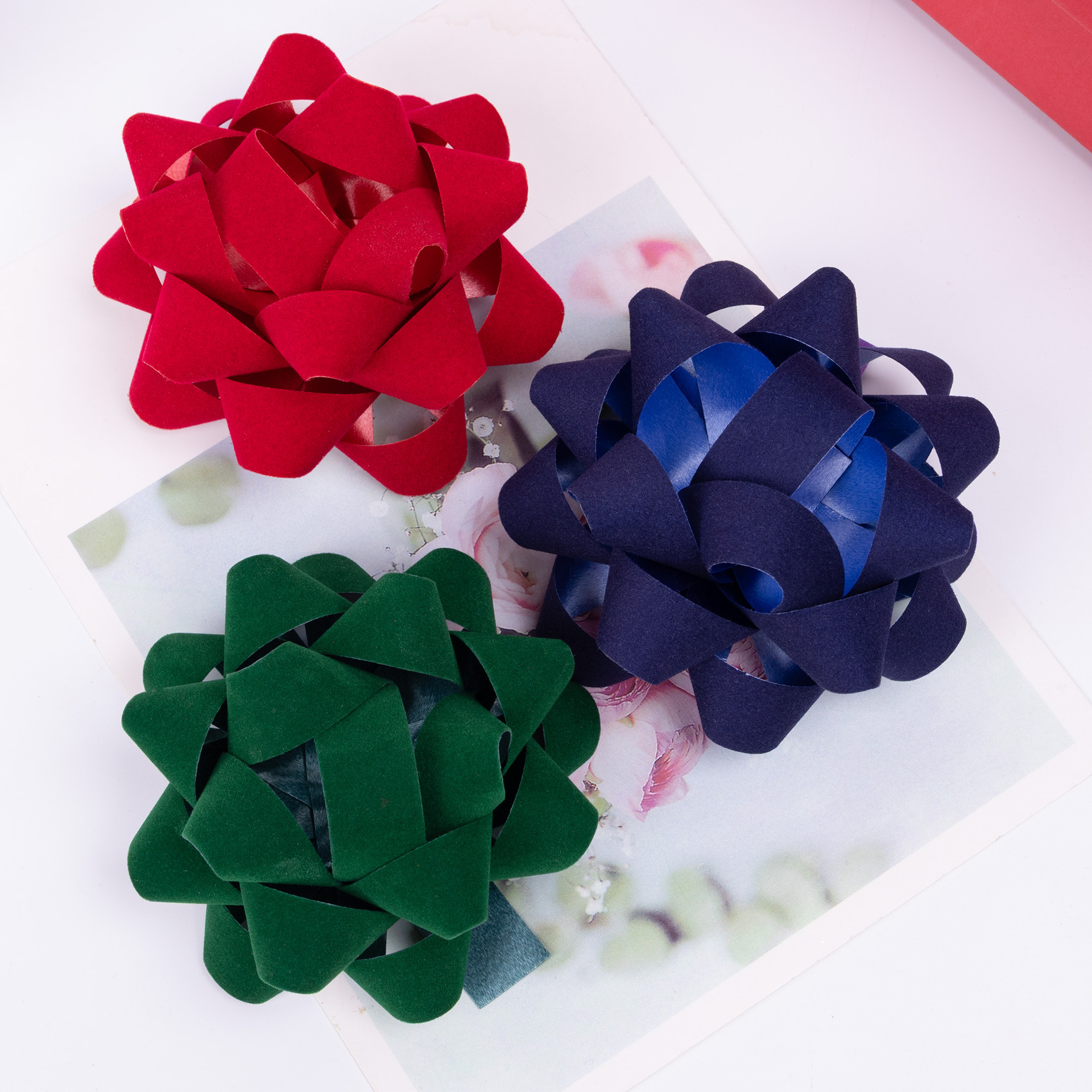 Pre Made Ribbon Bows - Flocked Star & Rose Decor