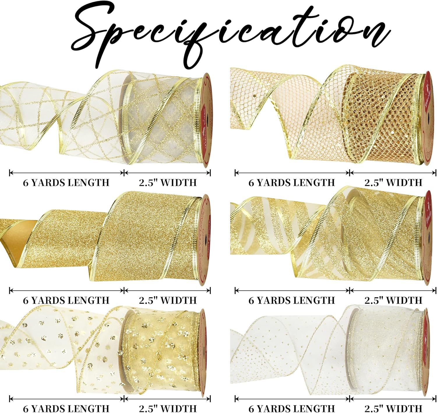 Gold Wire Mesh Ribbon for Wreaths 2.5 Inch, 6 Rolls for Decor