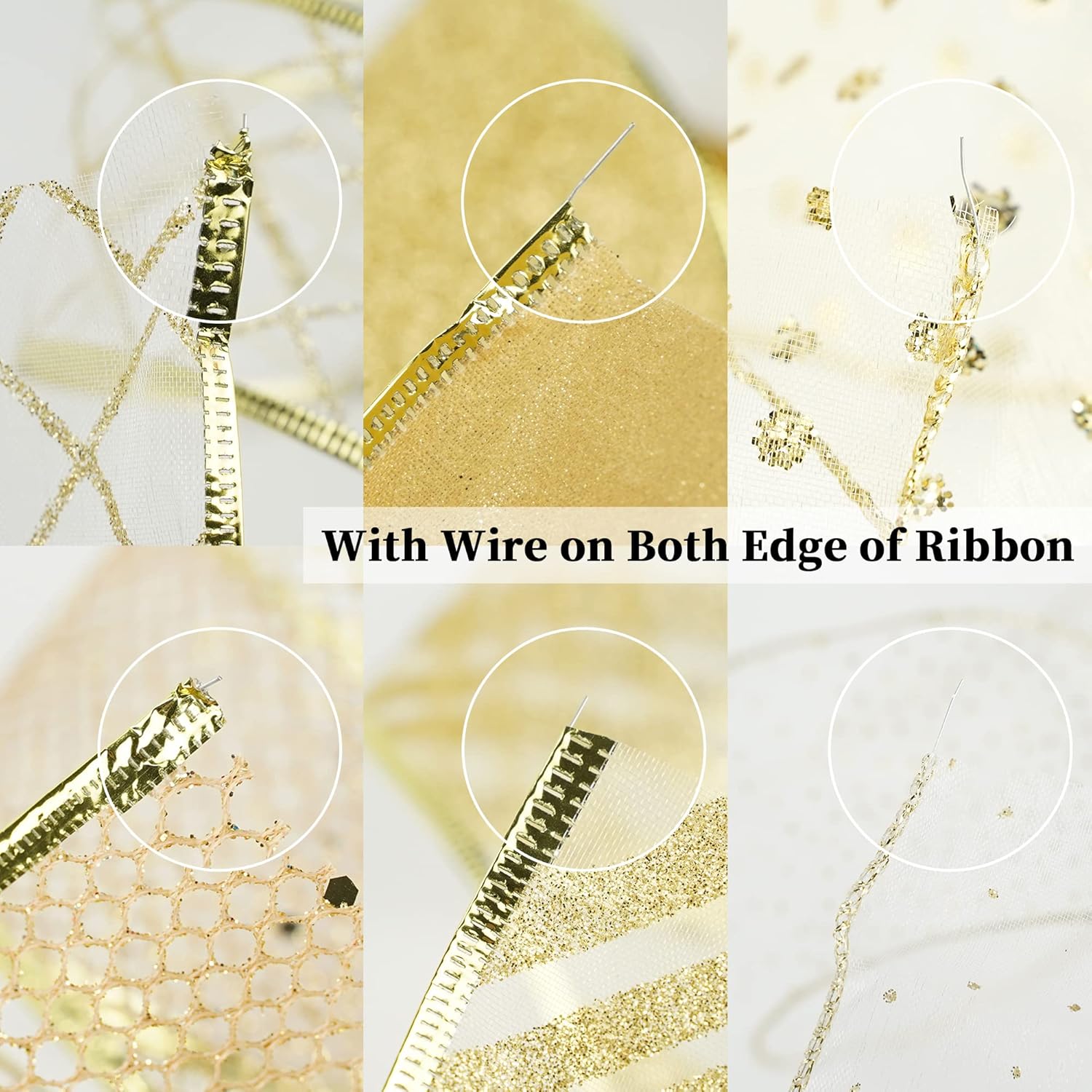 Gold Wire Mesh Ribbon for Wreaths 2.5 Inch, 6 Rolls for Decor