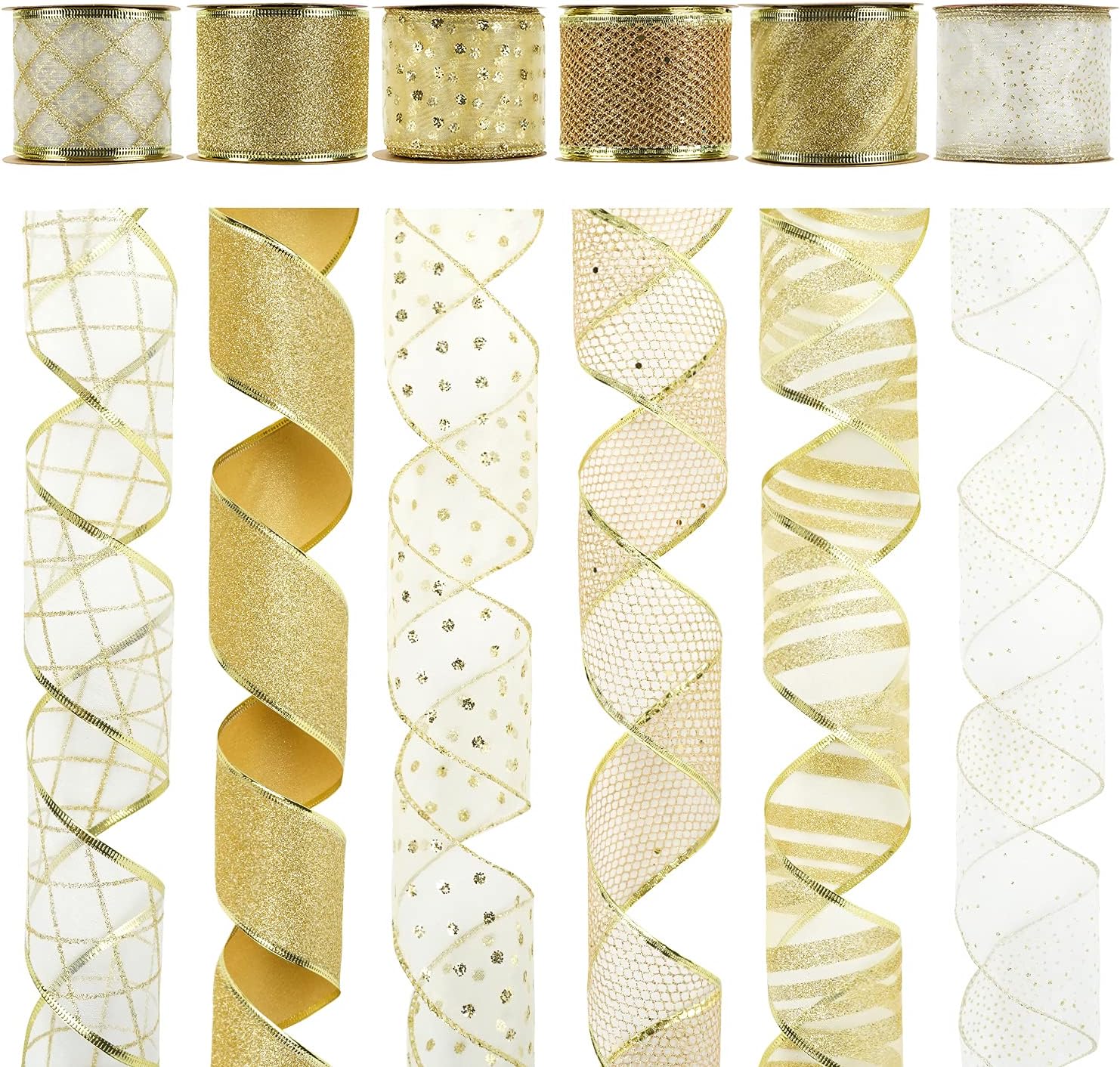 Gold Wire Mesh Ribbon for Wreaths 2.5 Inch, 6 Rolls for Decor