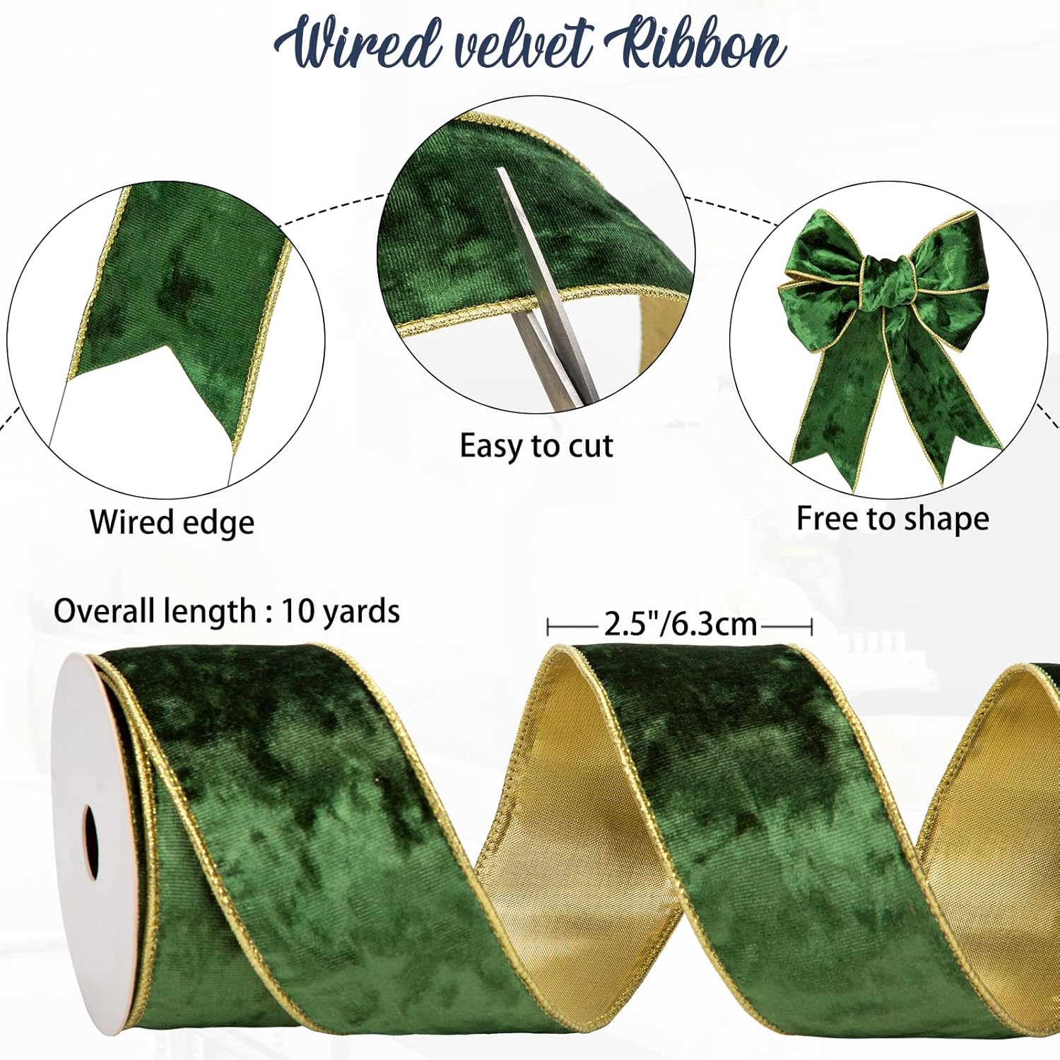 Green 2.5 inch Wired Gold Edge Velvet Ribbons for Christmas Valentine