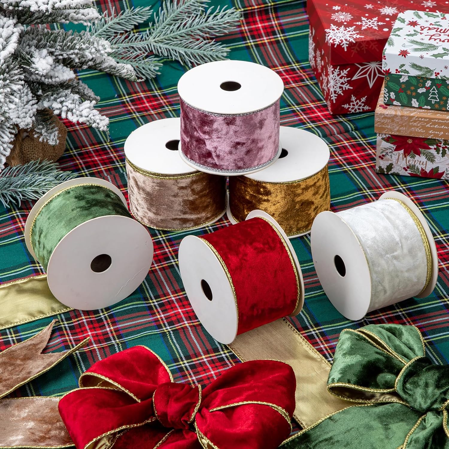 Green 2.5 inch Wired Gold Edge Velvet Ribbons for Christmas Valentine