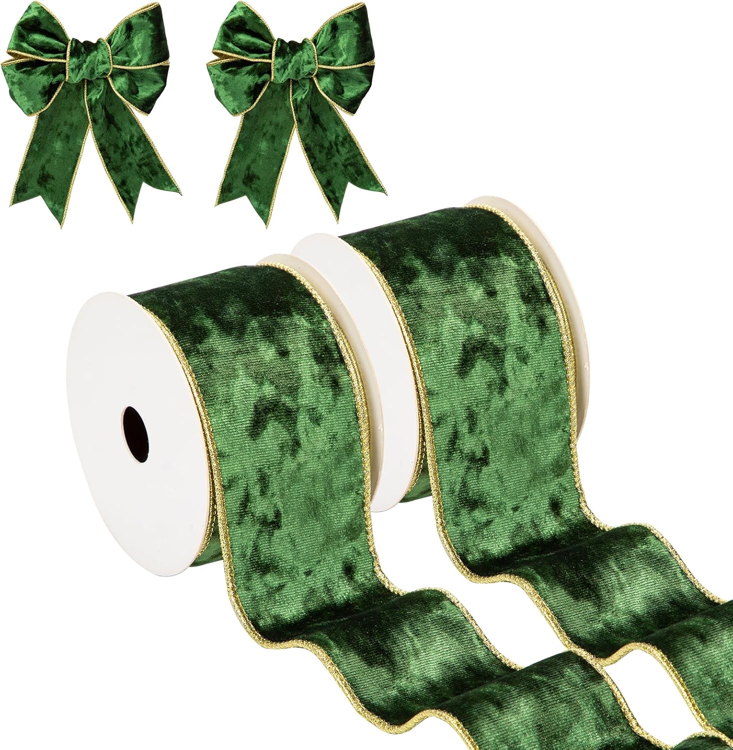 Green 2.5 inch Wired Gold Edge Velvet Ribbons for Christmas Valentine