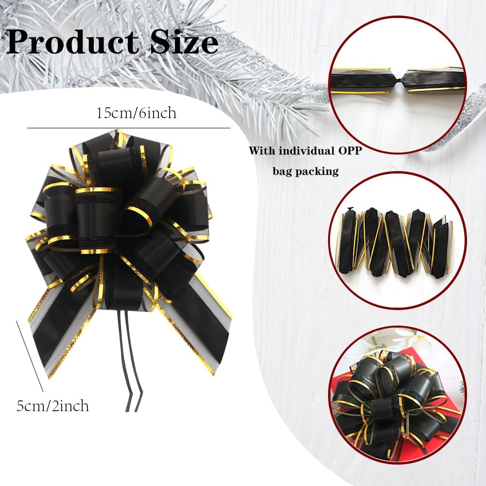 6 Pack Black Pull Bows Bulk for Gift Wrapping Christmas Weddings