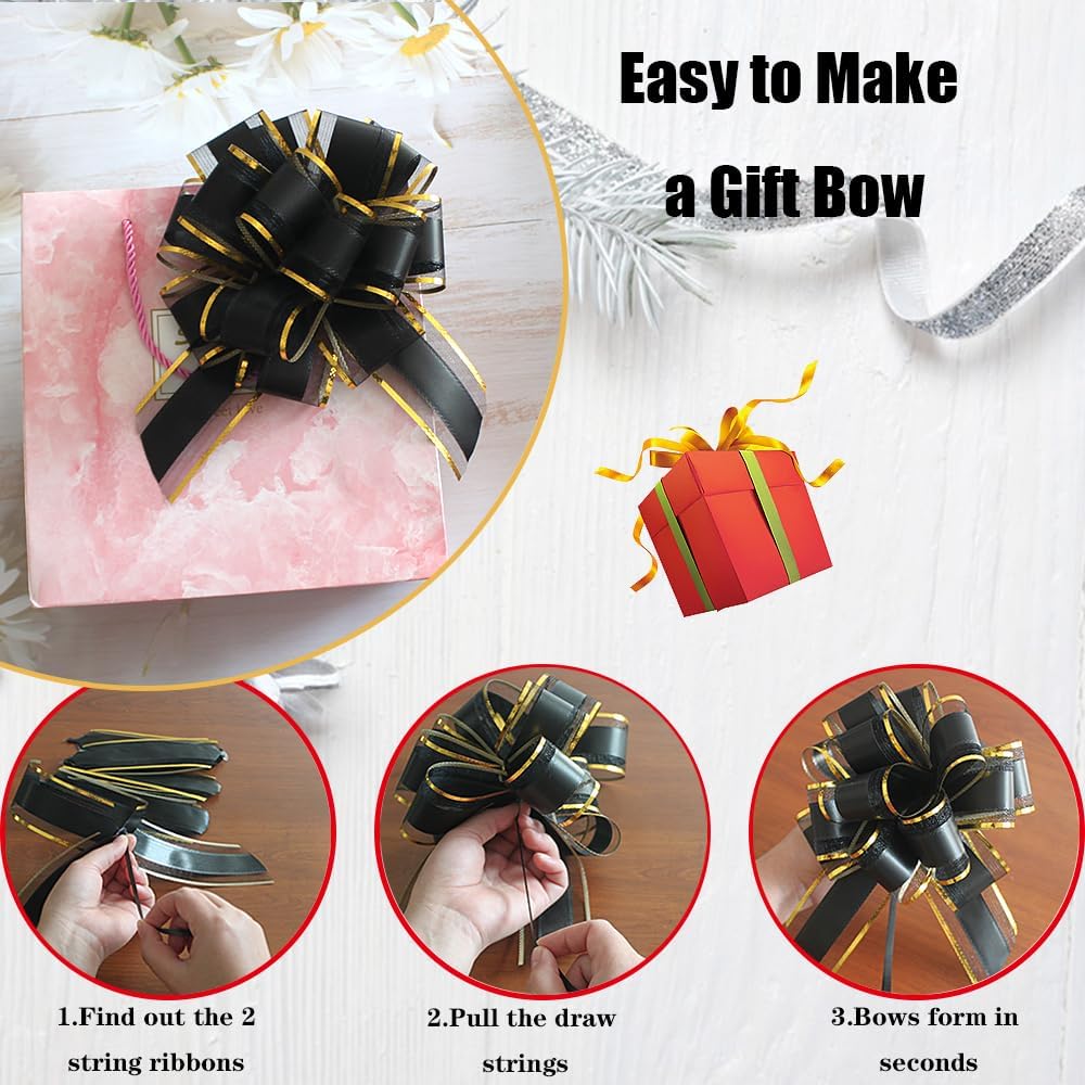 6 Pack Black Pull Bows Bulk for Gift Wrapping Christmas Weddings