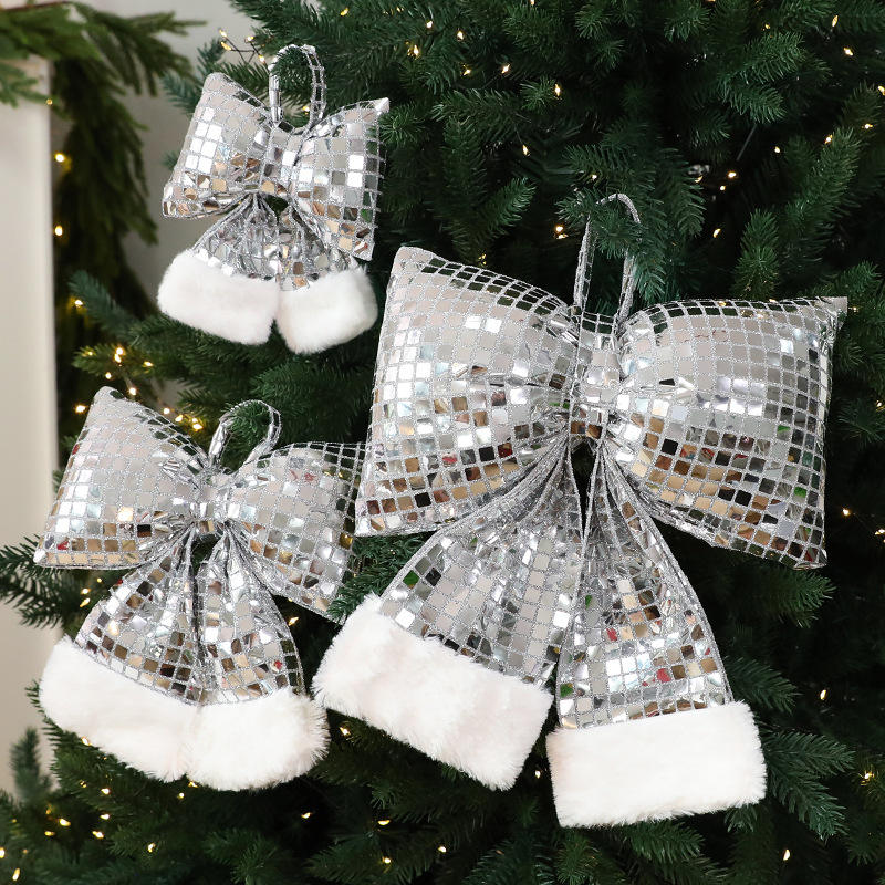 Mirror sequin christmas ribbon ornaments for tree hotel window display and hanging decor.