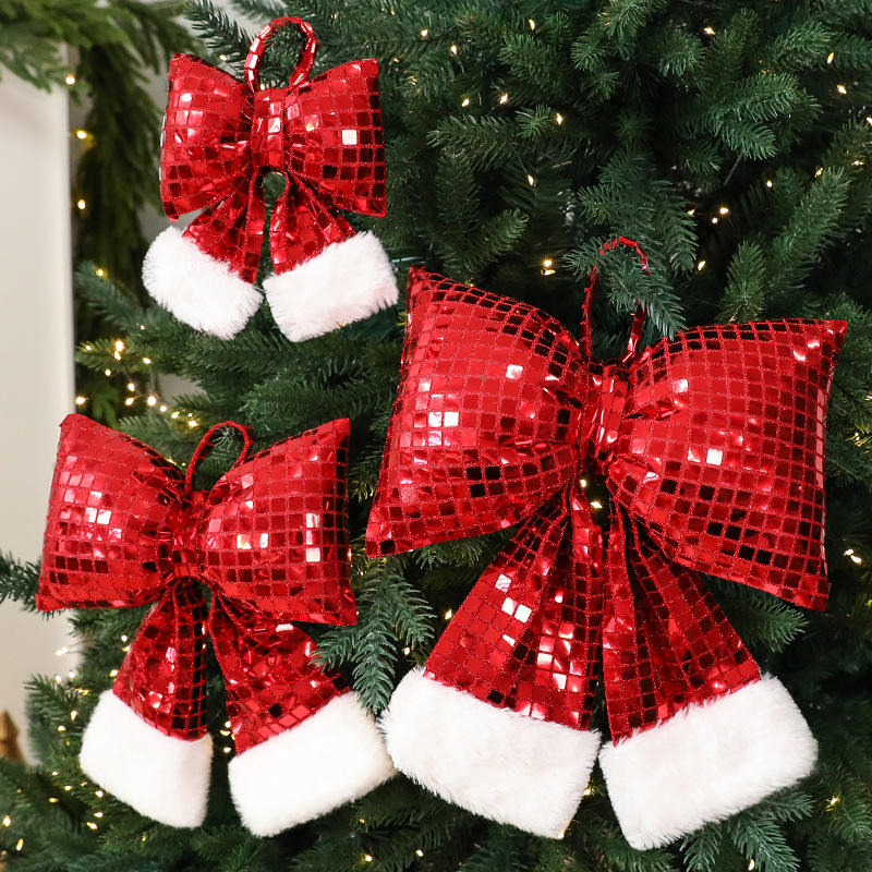 Mirror sequin christmas ribbon ornaments for tree hotel window display and hanging decor.
