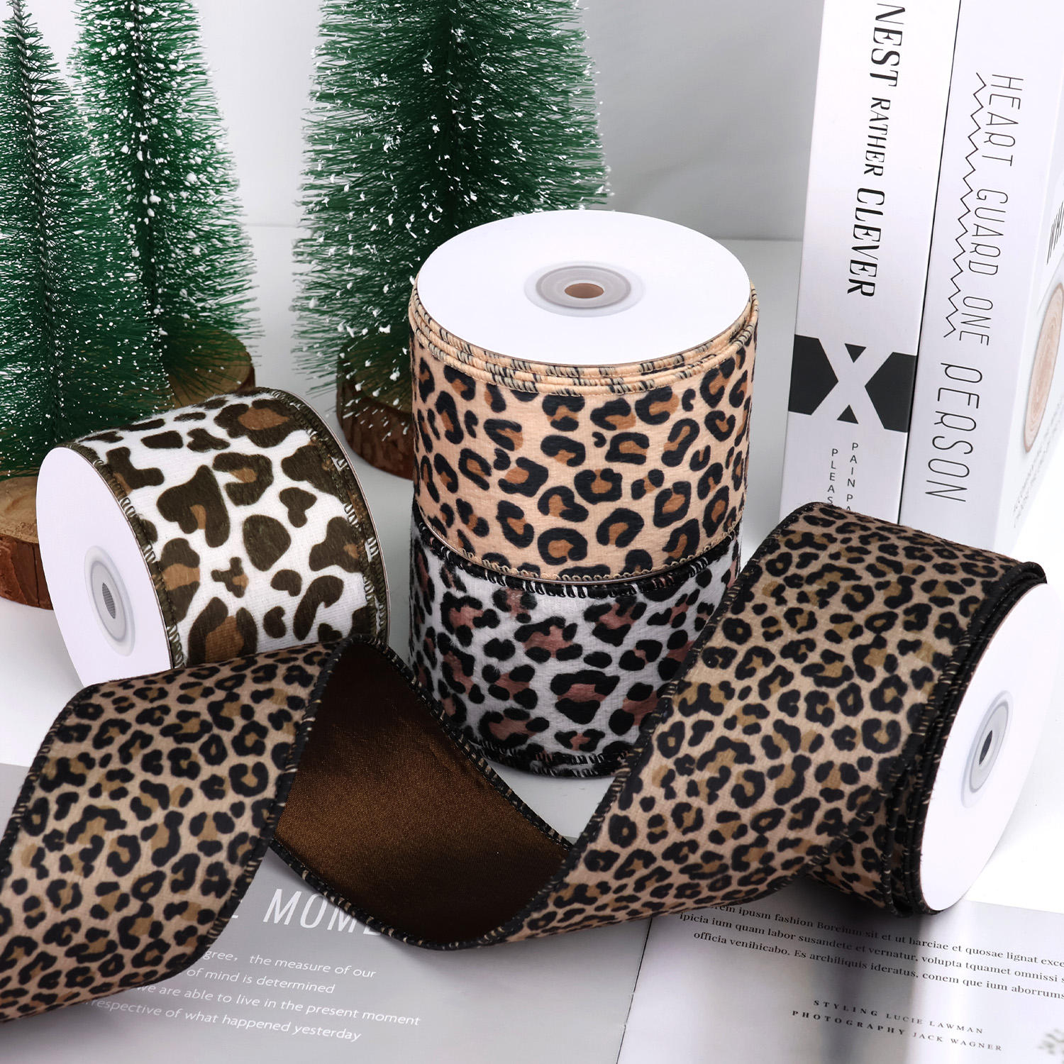 2.5 Inch Leopard Print Velvet Wire Edge Ribbon Gift Wrap Holiday Wire Edge Ribbon Bow