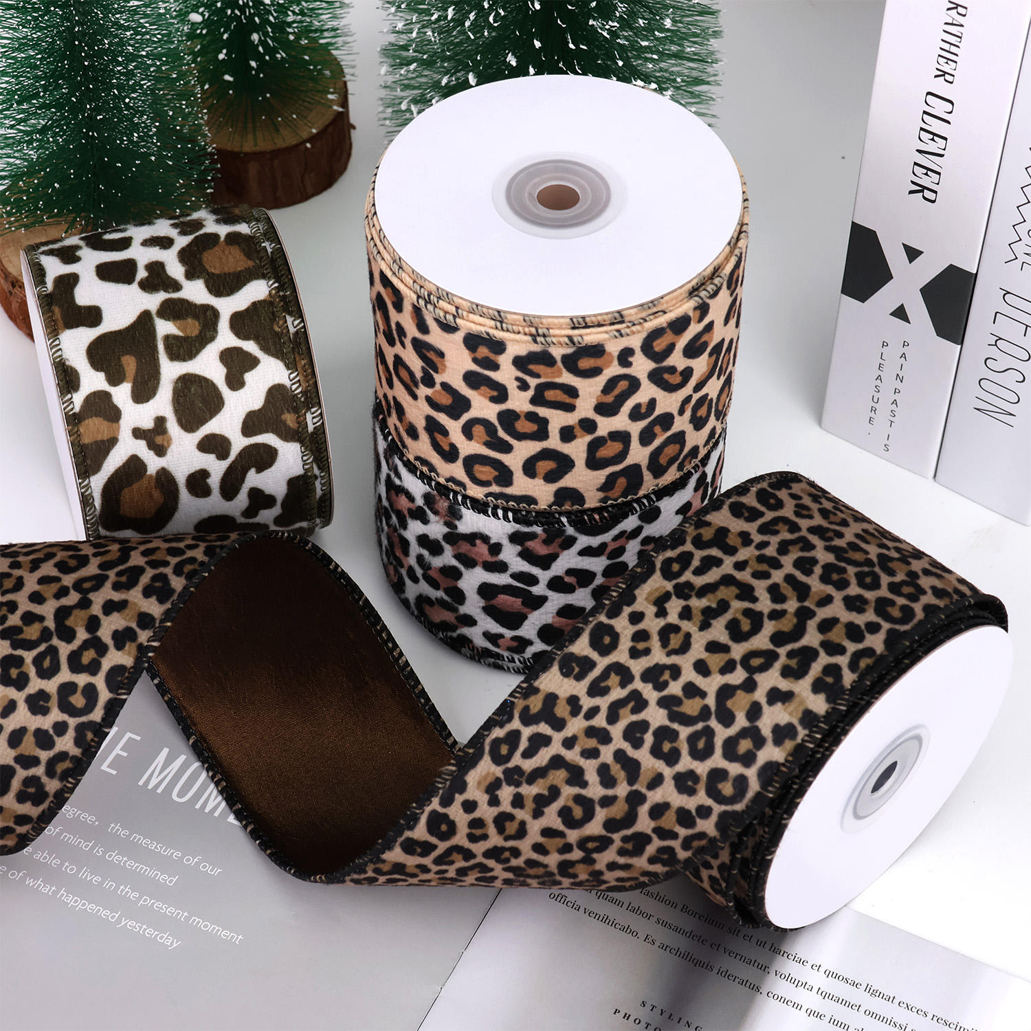 2.5 Inch Leopard Print Velvet Wire Edge Ribbon Gift Wrap Holiday Wire Edge Ribbon Bow