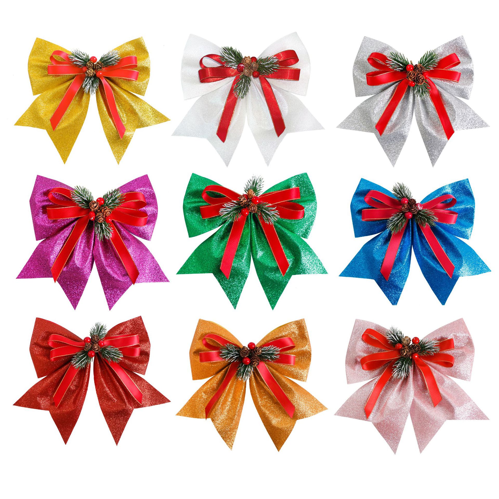 festive glitter ribbon bows for christmas tree with pinecones and berries