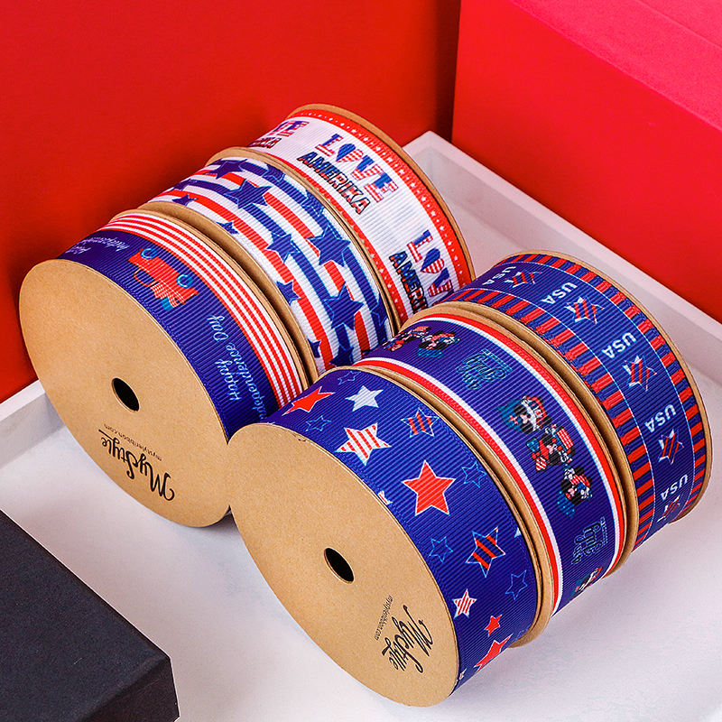 Patriotic Red White Blue Grosgrain Ribbon With Logo for Gift Wrap