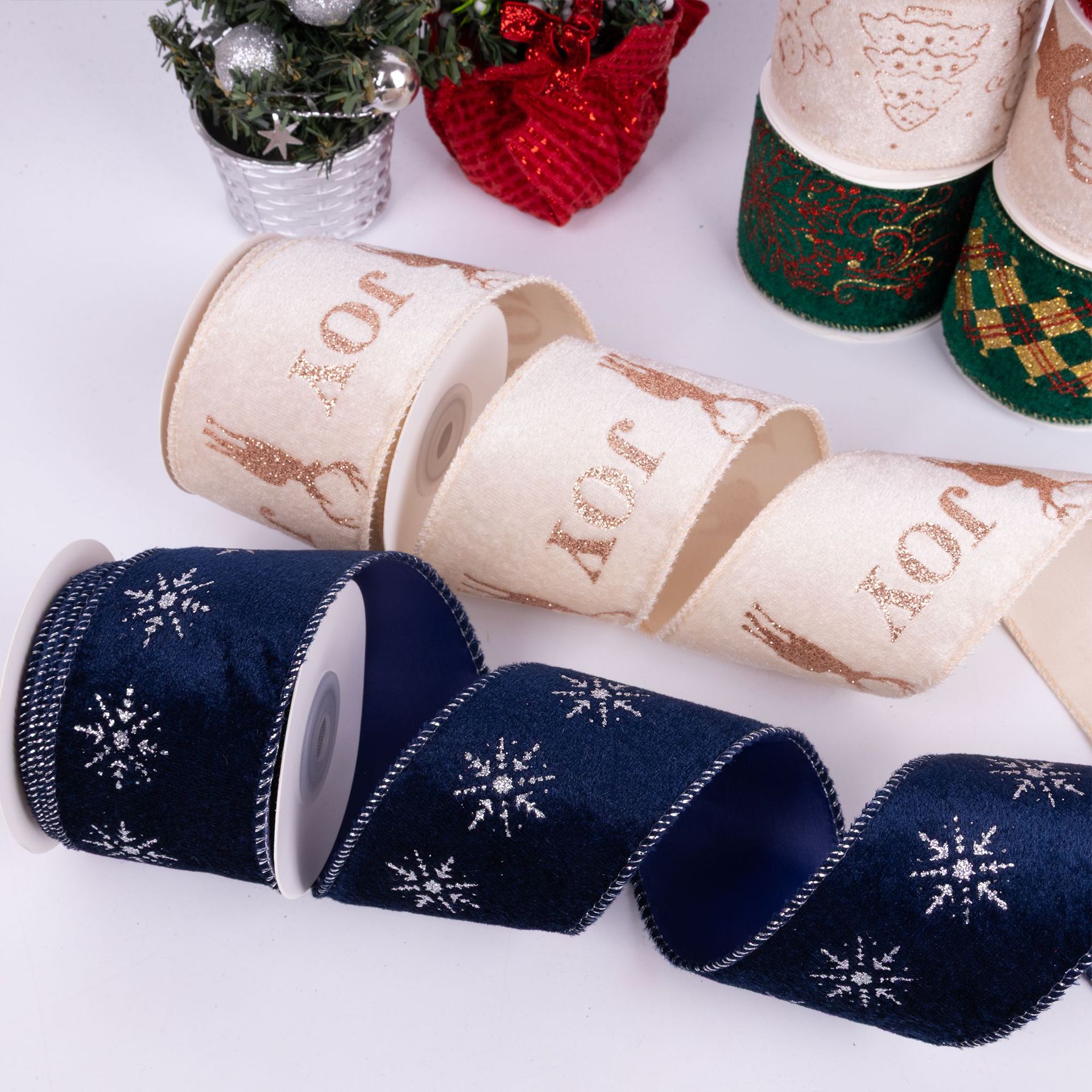 Gold Stamped Wired Ribbon Burlap Velvet Edge Christmas Custom