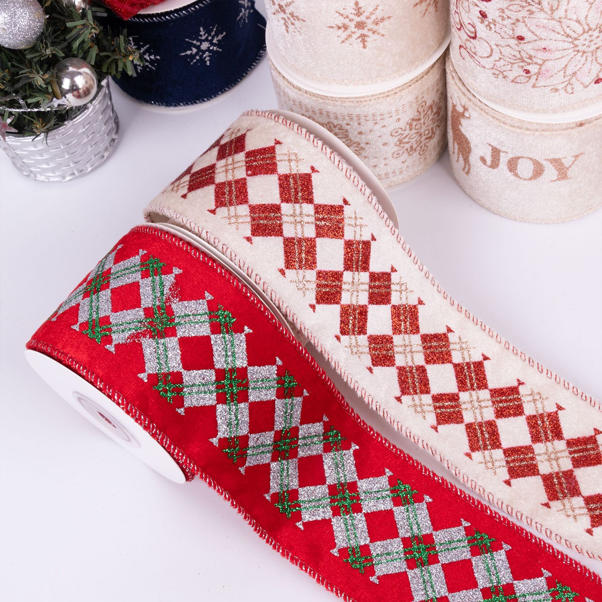 Gold Stamped Wired Ribbon Burlap Velvet Edge Christmas Custom