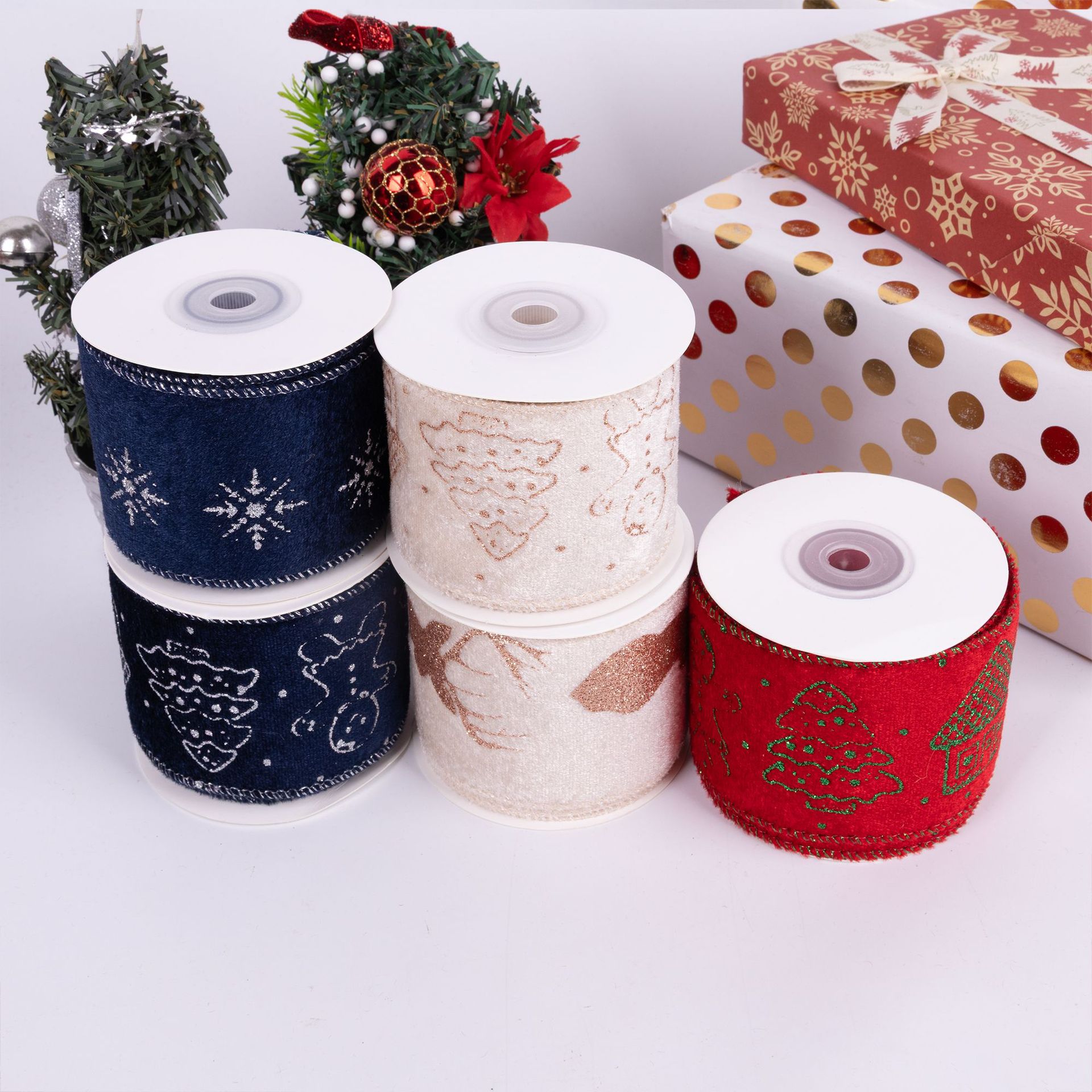 Gold Stamped Wired Ribbon Burlap Velvet Edge Christmas Custom