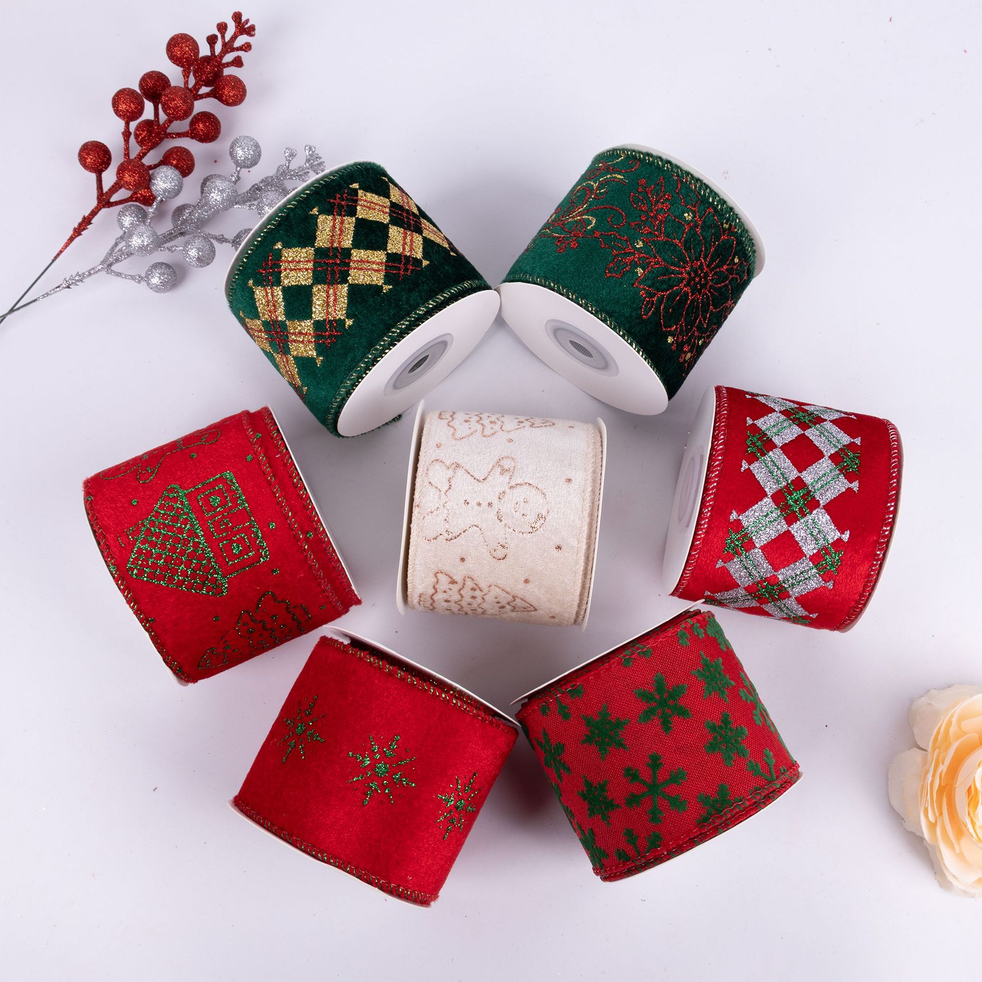 Gold Stamped Wired Ribbon Burlap Velvet Edge Christmas Custom