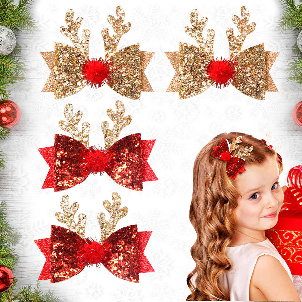 Christmas Deer Antler Glitter Bow Hairpin for Baby Kids