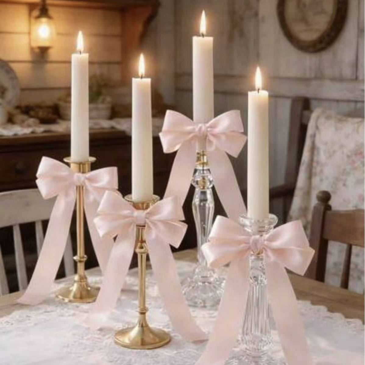 Cream Satin Bow with Long Tails for Wedding Taper Candles