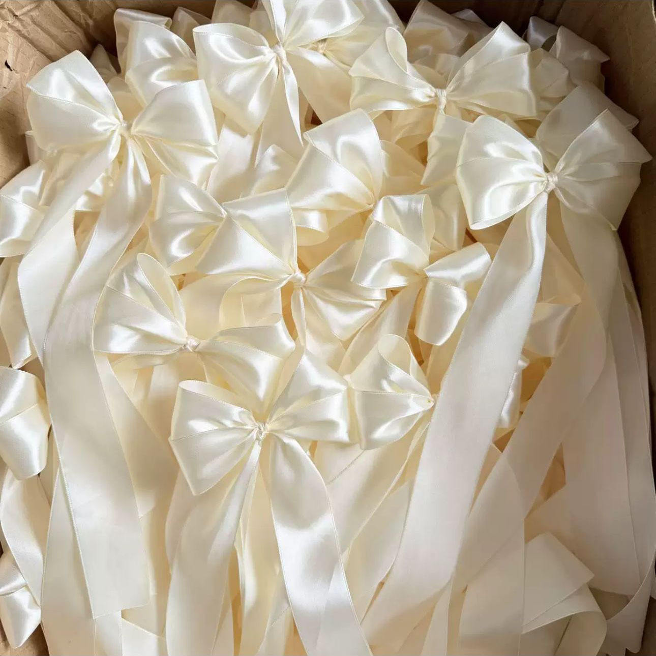 Cream Satin Bow with Long Tails for Wedding Taper Candles