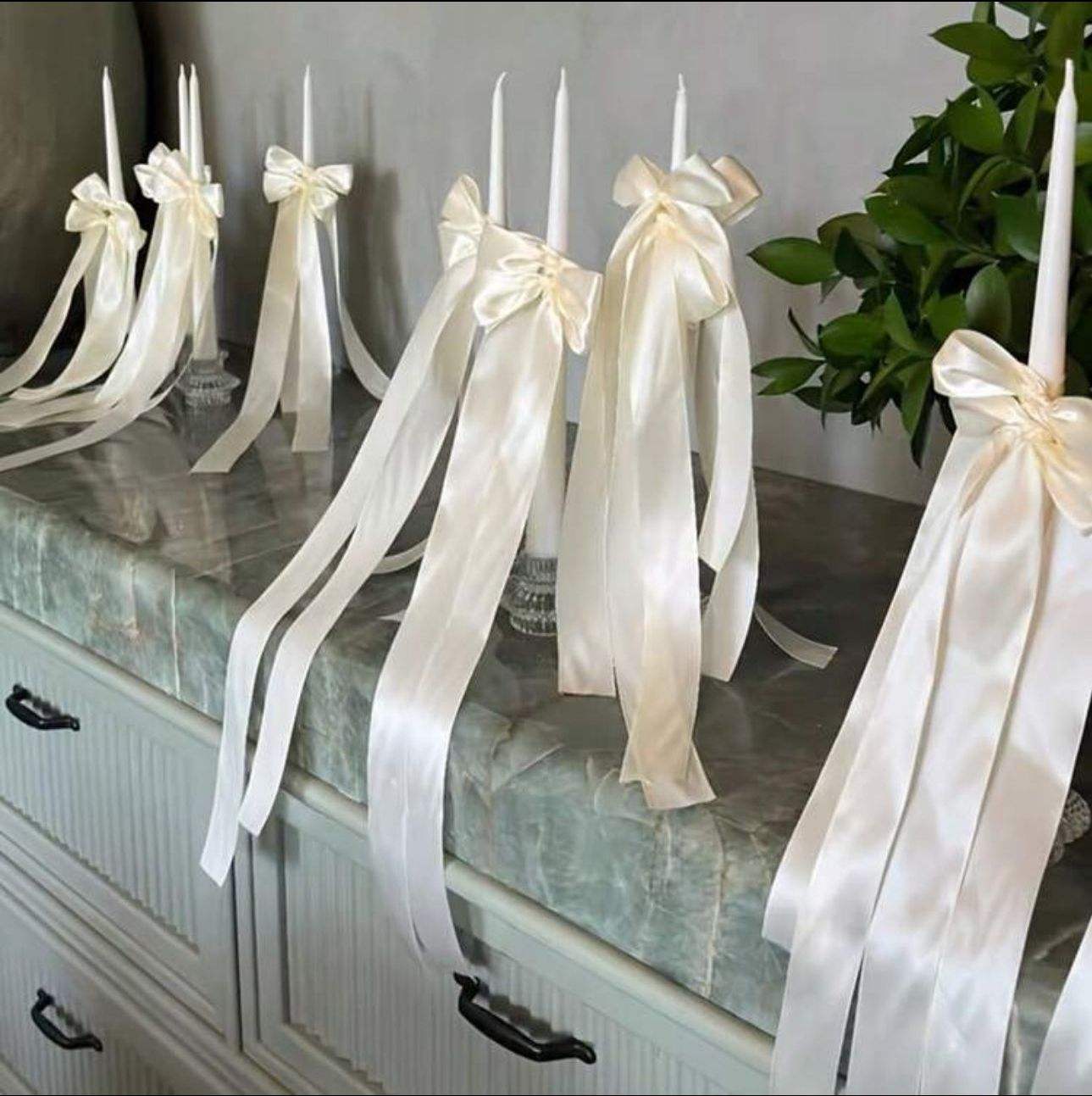 Cream Satin Bow with Long Tails for Wedding Taper Candles