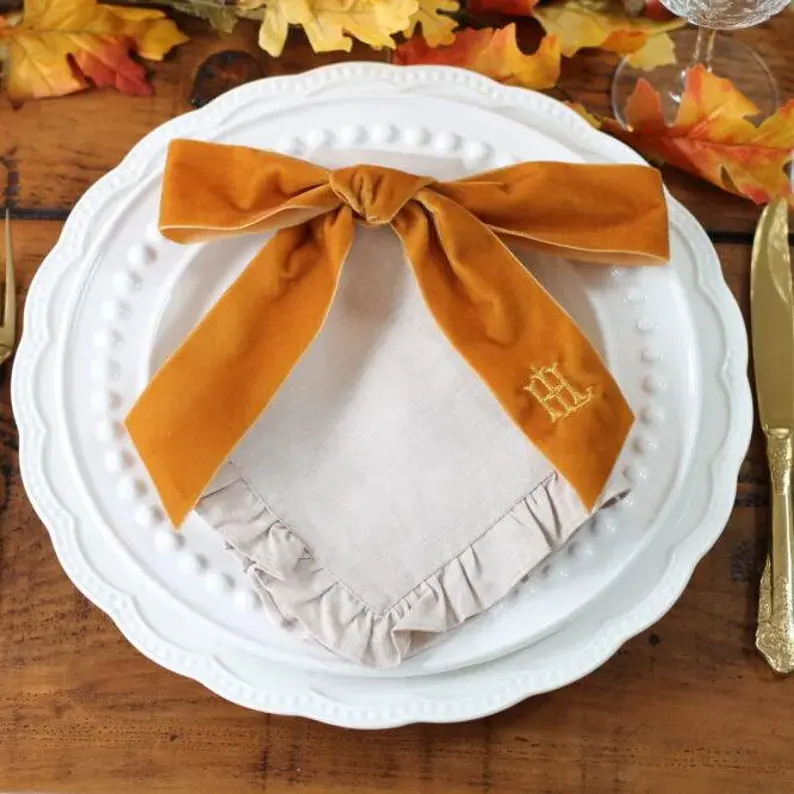 Custom Monogram Velvet Bow Napkins for Weddings
