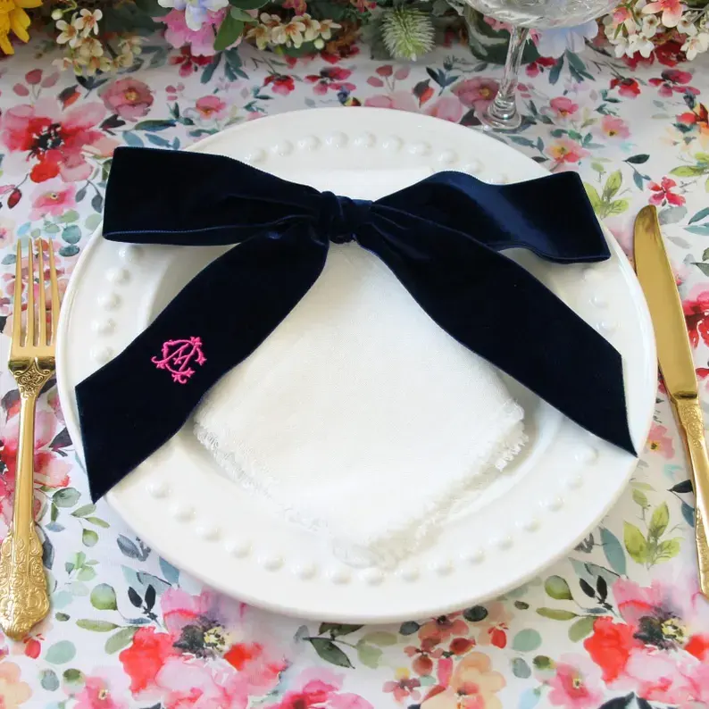 Custom Monogram Velvet Bow Napkins for Weddings