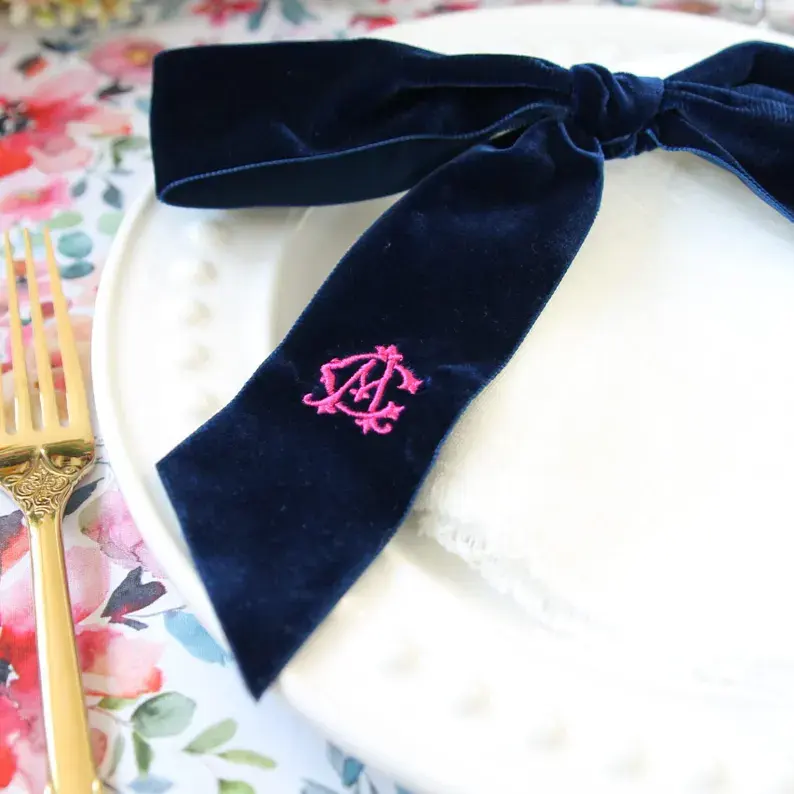 Custom Monogram Velvet Bow Napkins for Weddings