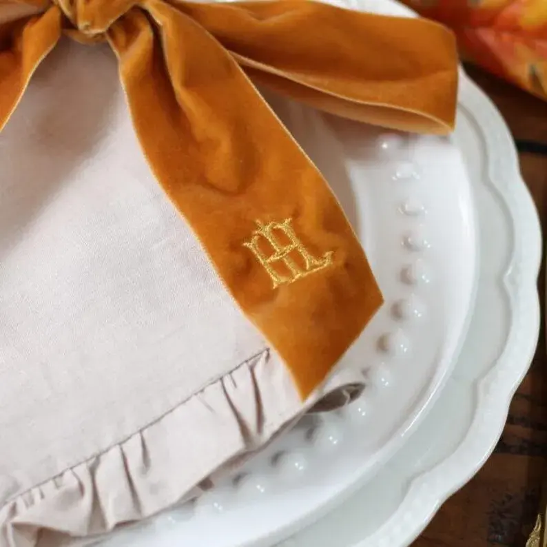 Custom Monogram Velvet Bow Napkins for Weddings
