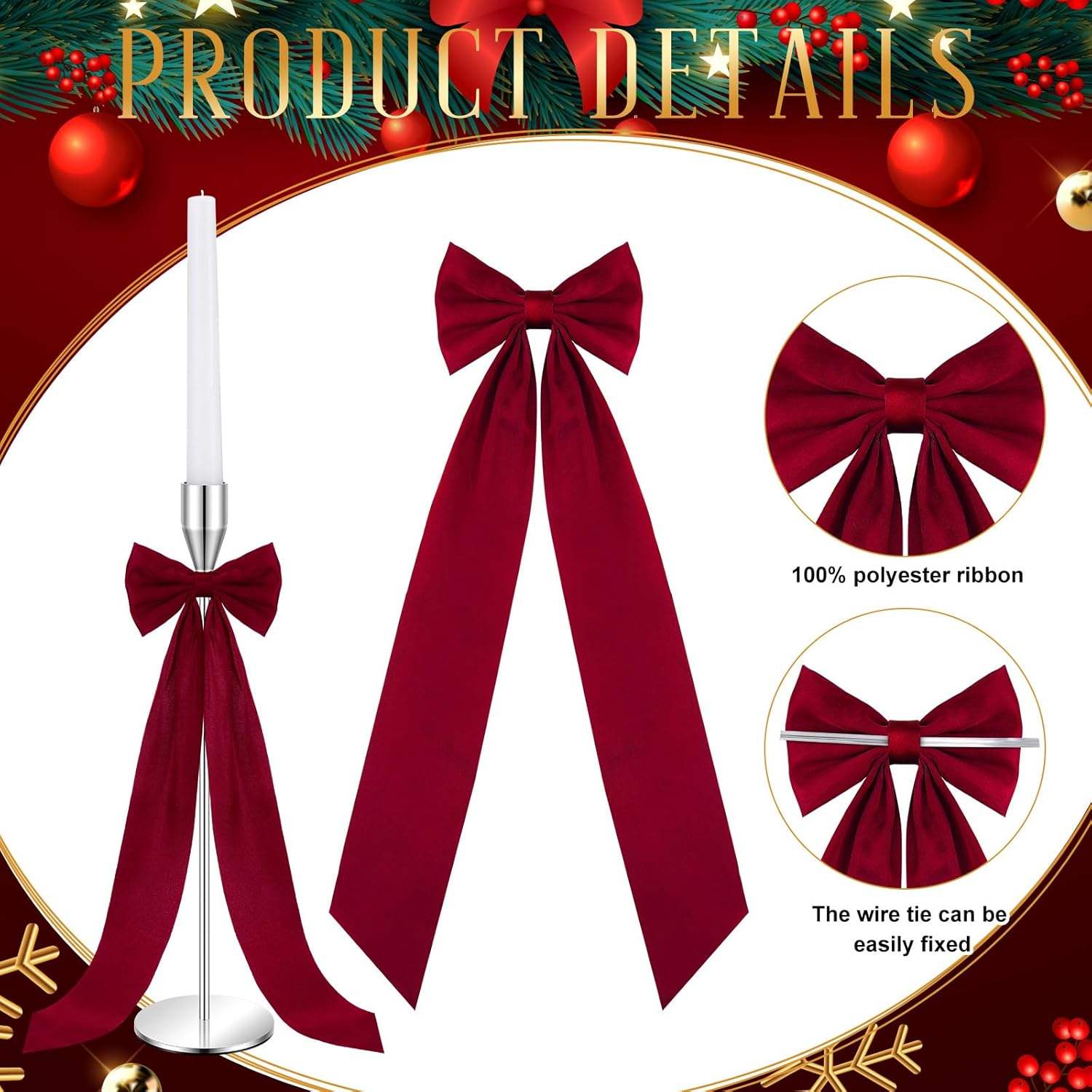 13in Red Christmas Twist Satin Bow for Candlestick Gift
